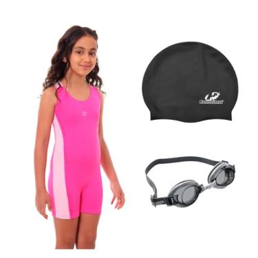 Imagem de Kit Maiô Macaquinho Natação Juvenil Infantil Touca Silicone + Óculos Uv (Pink/Rosa - Touca Preto, 10)