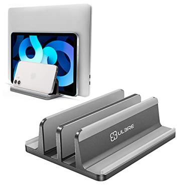 Imagem de Suporte vertical para laptop ULBRE [versão 2021], duas divisões ajustáveis para MacBook Desktop com 2 compartimentos para todos os MacBook/Chromebook/Surface/HP/Dell/iPad de até 17,5 polegadas (cinza)