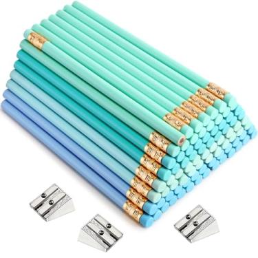 Imagem de Fainne Conjunto de 102 lápis e apontadores jumbo a granel, lápis grandes e gordos, grandes, grandes, com borrachas para crianças, iniciantes, pré-escolares, jardim de infância, escritório escolar (azul-petróleo, azul, redondo)