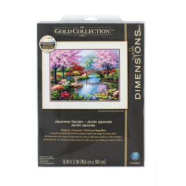 Imagem de Dimensions Kit de ponto de cruz Gold Collection, jardim de flores japonesas, 16 unidades azul claro Aida, 30,5 x 40,6 cm