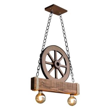 Imagem de Lustre Pendente Rústico Industrial Roda Carroça Madeira Pinus Soquete E27 Bivolt Estilo Clássico Iluminação Decorativa Luz Aconchegante Ideal Ambientes Sala Jantar Varanda Casa Campo Elegantes Vintage