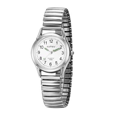 Imagem de JewelryWe Relógio de pulso feminino elástico, fácil leitor, analógico, quartzo, pulseira elástica para Halloween, Ponteiros luminosos prateados (16 cm), relógio elástico