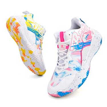 Imagem de Tênis de basquete masculino de cano alto com suporte de amortecimento de malha respirável e sola antiderrapante(Pink-yellow,43 BR)