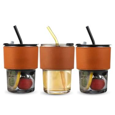 Imagem de 3 Copos Coldre C/Tampa Hermética + Canudo Capa De Couro Luxo Presente Café Agua Bebidas Presente