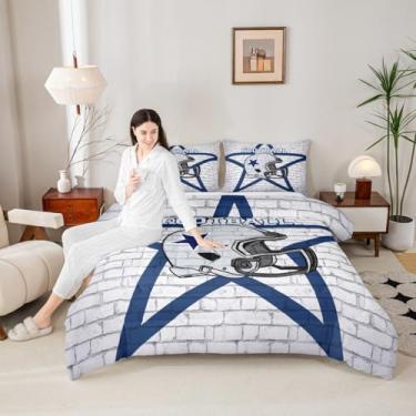 Imagem de Conjunto de edredom de futebol americano para meninos, tamanho casal, caubói e futebol americano, decoração de quarto de meninos e homens, edredom retrô de parede de tijolos, edredom azul e branco, 2