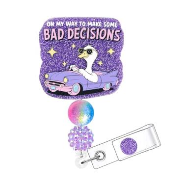 Imagem de Horee Carretel de crachá retrátil com clipe jacaré, porta-cartão de identificação de enfermeira de acrílico com glitter, design engraçado brilhante (ganso roxo)