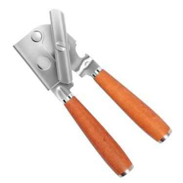 Imagem de Abridor de latas, manivela manual com cabo de madeira e borda lisa, abridor de garrafas portátil para latas de cozinha doméstica, design de botão de giro fácil