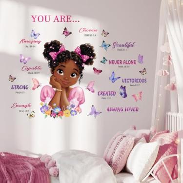 Imagem de BHGNEJN Adesivos de parede para meninas negras adesivos de parede inspiradores descasque e colem, citações das escrituras com design de borboletas e flores, 112 x 89 cm, rosa e roxo