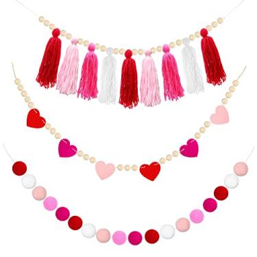 Imagem de 1 peça Boho Tassel Garland 1 peça pompom guirlandas bolas guirlanda e 1 peça guirlanda de contas de madeira com coração de feltro para o dia dos namorados ornamento de casamento Boho Home Party Baby Shower Supplies