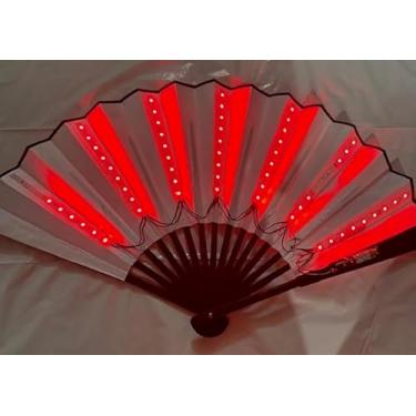 Imagem de Ventilador dobrável com iluminação LED, papel branco com moldura preta, ventilador de mão iluminado alimentado por bateria (luzes vermelhas)