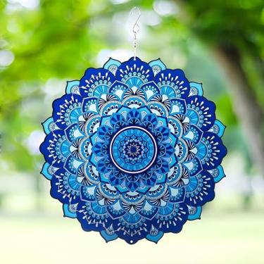 Imagem de FENELY Decoração De Jardim Com Arte Em Aço Inoxidável 3D, Cata-Vento, Esculturas Metal, Cinéticas, Suspensas, Mandalas Azuis, Decorações Para Quintal, Áreas Externas, Internas E Enfeites Pátio, Liqu