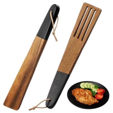 Imagem de Baderke Conjunto de 2 espátulas de madeira de acácia de 30,5 cm com cabo preto para cozinhar espátula de madeira plana com fenda, raspador de ovos de acácia não tóxico, utensílios de cozinha para