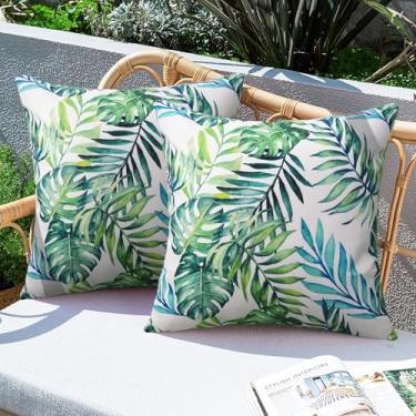 Imagem de JASEN Pacote com 2 capas de almofada decorativas à prova d'água para ambientes externos, padrão de folhas naturais, primavera para pátio, móveis, jardim, varanda, sofá, 45 x 45 cm (verde e azul)