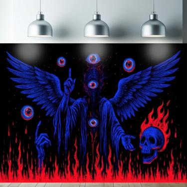 Imagem de Starlit Patio Tapeçaria de caveira gótica luz negra UV chama reativa demônio para pendurar na parede 197 x 159 cm tapeçaria de anjo triplo oculto para quarto de bruxa, quarto de terror, psicodélico