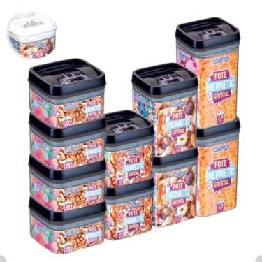 Imagem de Kit com 10 Potes Herméticos De Acrílico Para Mantimentos Tampa Com Trava Tamanhos Variados (Preto)