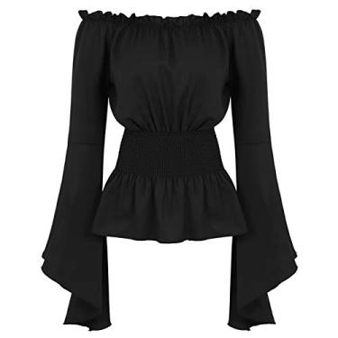 Imagem de Blusas femininas retrô com ombro vazado, blusa de manga comprida, estilo Steampunk, Preto, XP