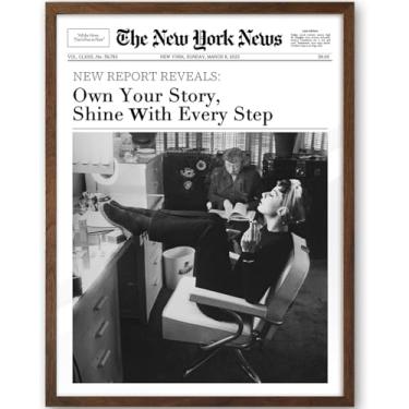 Imagem de iHery Arte de parede emoldurada de madeira de carvalho natural Audrey Hepburn cor nogueira, 30,5 x 40,6 cm Own Your Story Shine With Every Step Canvas Wall Decor, Modern Trendy Newspaper For Bedroom