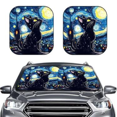 Imagem de GENANY Para-brisa Black Cat Vangogh de 2 peças para caminhão SUV (28 x 31 polegadas), para-brisa, persianas para janelas frontais, para-sol para para-brisas de carro, blocos de proteção UV