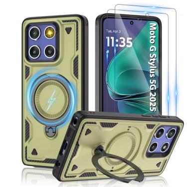 Imagem de Capa magnética para Motorola Moto G Stylus 5G 2025, compatível com MagSafe e [protetor de tela HD × 2], suporte giratório de metal, proteção antidigitais à prova de queda de grau militar, verde