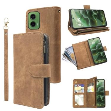 Imagem de Dibosom Capa carteira para Motorola Moto G35 com cordão de pulso e couro vintage premium flip porta-cartão de crédito acessórios capa de celular para mulheres homens marrom