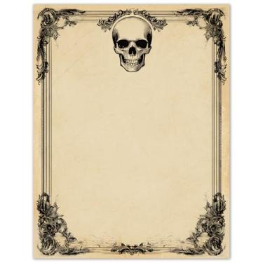 Imagem de FYSUIMU 60 folhas de papel timbrado de caveira de Halloween, papel timbrado, para anotações, cartões comemorativos, convite para escritório, 21 x 28 cm, dupla face