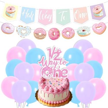 Imagem de Decorações de aniversário de 6 meses de donut - Aposwow 21 peças de decoração de aniversário de rosquinha doce meio caminho banners balões 1/2 Way to One Cake Topper doce 1/2 Way to One Baby Girl