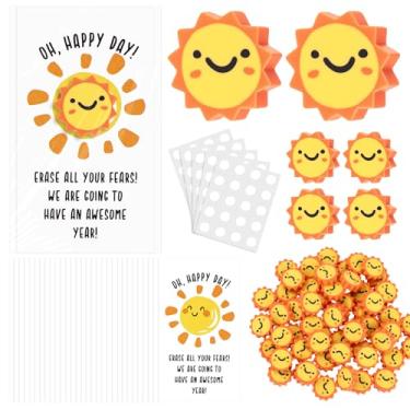 Imagem de Yeaqee 100 conjuntos de borrachas de sorriso de sol divertidas mini borrachas fofas a granel com pontos adesivos de cartão de apagar seu medo para sala de aula, pré-escola, estudantes, professores