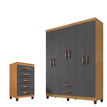 Imagem de Guarda Roupa De Casal 6 Portas e 2 Gavetas Sem Espelho Com Cômoda Sapateira 5 Gavetas Carvalho Americano - Grafite - ÉdeCasaMóveis
