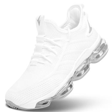 Imagem de Pozvnn Tênis de corrida masculino, com almofada de ar, sem cadarço, para caminhada, tênis, moda, casual, respirável, trilha, esporte, academia, Branco, 45
