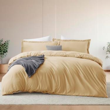 Imagem de Hearth & Harbor Conjunto de capa de edredom e lençol de cama queen size, ouro camelo, 7 peças, macio escovado, inclui capa de edredom, lençol de cima, lençol com elástico, fronhas e fronhas