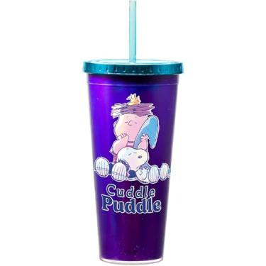 Imagem de Spoontiques Peanuts Cuddle Foil Cup - Copo de acrílico de 590 ml com canudo - Tampa de bloqueio metálico - Isolamento de parede dupla e livre de BPA