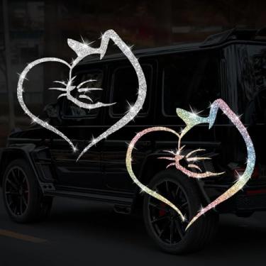 Imagem de Adesivo de coração de gato fofo brilhante decalque de carro autoadesivo PVC brilhante adesivo para carros, caminhões, motocicletas, capa de porta multisuperfície adesivo decorativo (branco e colorido)