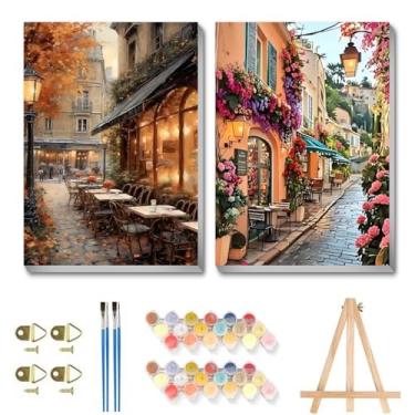 Imagem de askkqtx Pacote com 2 kits de pintura por números para adultos com cavalete, kit de pintura de paisagem por números com moldura, pintura em aquarela para adultos por número tela emoldurada para