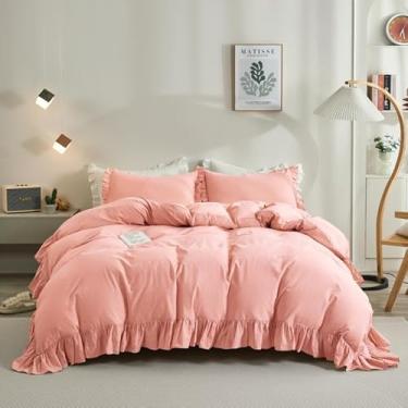 Imagem de Conjunto de capa de edredom com babados, 100% algodão, rosa blush, casal/queen e king, estilo fazenda (casal/queen)