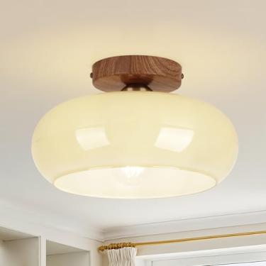 Imagem de CLARSYNE Luminária de teto de montagem semiembutida moderna de meados do século, lâmpada de vidro creme com base de metal de grão de madeira, luminária rústica de casa de fazenda para quarto, corredor