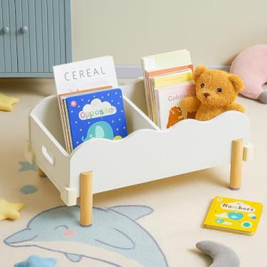 Imagem de HouseJoy Estante de madeira para crianças, estante infantil branca e armazenamento de brinquedos, estante infantil com 2 divisórias ajustáveis, estante de bebê para quarto de criança, sala de aula