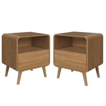 Imagem de Kit Conjunto 02 Mesas de Cabeceira Canto Curvo com Nicho 01 Gaveta e Pés Palito Retrô