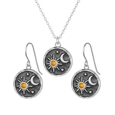 Imagem de Dreuyet Conjunto de brincos e colar vintage de sol e lua para mulheres boho antigo sol crytal lua pingente brincos colar exclusivo feito à mão com moeda redonda celestial presentes, Middle, Liga de