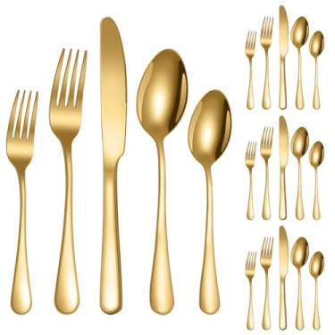 Imagem de Conjunto de talheres dourados, garfos, facas, colheres, talheres de aço inoxidável, conjunto de talheres polidos para cozinha, não arranha a boca e pode ser lavado na lava-louças. (ouro)