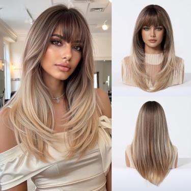 Imagem de Esmee Peruca loira marrom gradiente de onda longa para mulheres com franja de cortina perucas de cabelo sintético natural para uso diário em festas