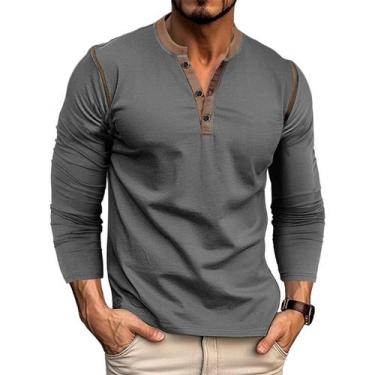 Imagem de Camisa masculina de manga comprida Henley Qekoma Casual de algodão cin