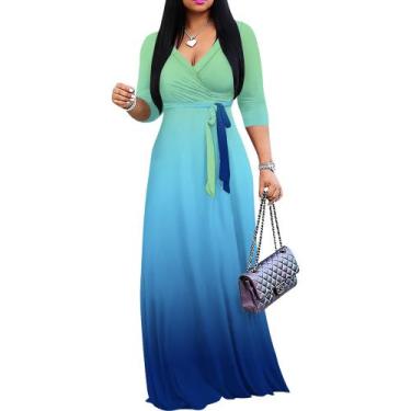 Imagem de Vestido maxi PinkPatty Gradient com decote em V e mangas 3/4 para mulh