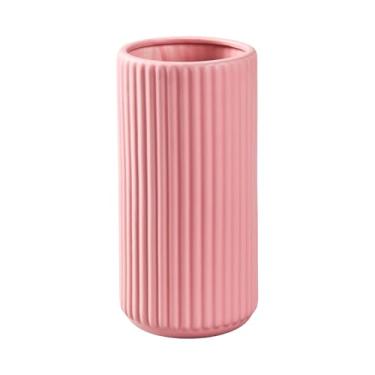 Imagem de Vaso de flores de cerâmica rosa para grama-dos-pampas, vaso decorativo pequeno de 20 cm com nervuras para mesa de jantar, mesa de escritório, estante de livros, cornija, entrada, banheiro, bancada