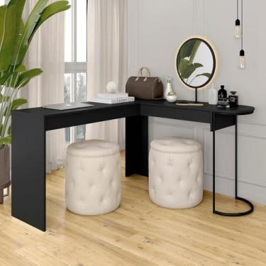 Imagem de Camarim Em L Industrial Com Led E Espelho Oval Mavi Preto Fosco - M.a Preto Fosco