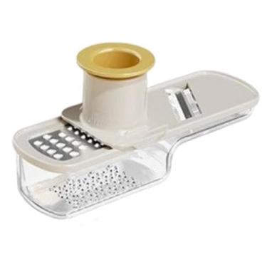 Imagem de ＫＬＫＣＭＳ Ralador de alho e gengibre 3 em 1, utensílio de cozinha, prensa de alho de aço inoxidável, fatiador manual, para assar frutas com wasabi, Bege