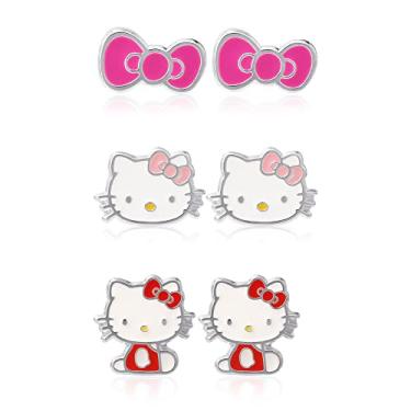 Imagem de Hello Kitty Meninas Conjunto de Brincos Sanrio de 3 Peças - Brincos Folheados A Prata e Esmalte Oficialmente Licenciados