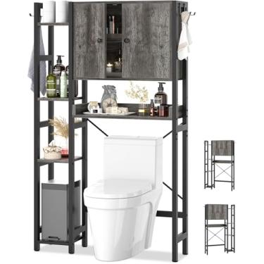Imagem de Armário de armazenamento sobre o vaso sanitário com portas – Organizador de banheiro de 7 camadas com prateleira ajustável, rack independente para economia de espaço acima do suporte de vaso sanitário