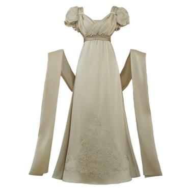 Imagem de Vibsion Regency Vestidos femininos luxuosos bordados de cetim cintura império vestido de baile vitoriano dos anos 1800 com xaile champanhe P