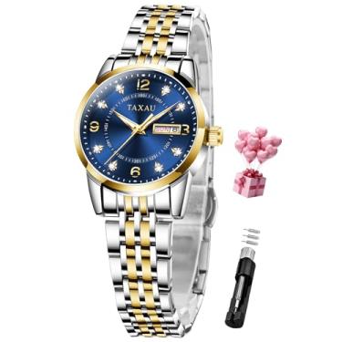 Imagem de Taxau Relógios femininos à prova d 'água relógios femininos luxuosos diamante aço inoxidável quartzo relógios de pulso femininos com data dia prata dois tons clássico relógio feminino delicado rosto