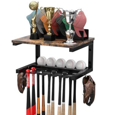 Imagem de Deemasiii Suporte de parede para taco de beisebol, suporte de chapéu para bonés de beisebol, suporte para chapéus, suporte de armazenamento de metal 10 morcegos, 5 pontas, preto (preto (chapéu morcego